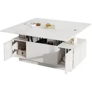 MERAX Table basse relevable rectangulaire en panneaux de particules avec 2 portes et 2 plaques de levage séparées,blanc table basse blanc pas cher