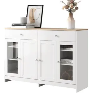 MERAX Buffet bahut - Armoire de salon - Armoire moderne - 4 portes 3 tiroirs - Portes en verre - Blanc - 120*37*80cm pas cher