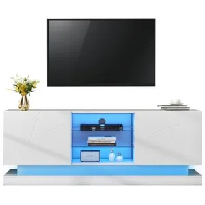 MERAX Meuble tv l.160 cm led avec 2 portes et 3 niches en blanc pas cher