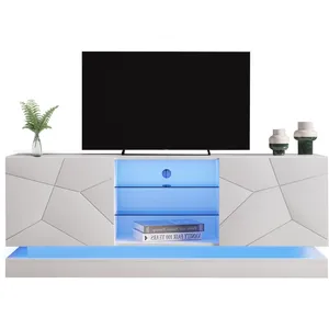 MODERNLUXE Meuble TV 160 cm moderne avec LED coloré - adapté pour TV - 2 portes et 3 étagères - Blanc pas cher