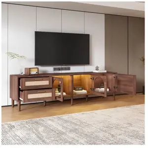MODERNLUXE Meuble TV 180cm avec éclairage LED - 2 tiroirs en rotin et 3 portes - Marron pas cher