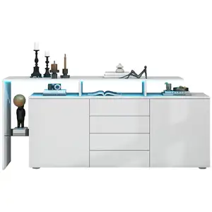 MERAX Buffet  l-160 cm avec 2 portes, 4 tiroirs et led blanc buffet blanc pas cher