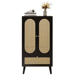 MERAX Buffet 1,1m de haut avec 2 portes et 1 tiroir rotin noir pas cher