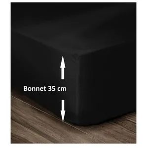 LOVELY HOME Drap Housse 100% Coton 140x190cm - Bonnet 35cm - Noir pas cher