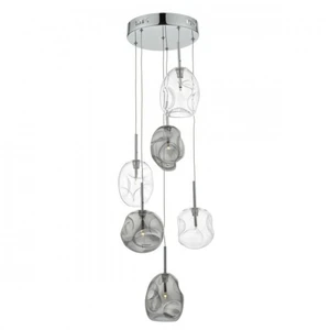 Luminaire Center Suspension Quinn chrome poli et verre fumé 6 ampoules
