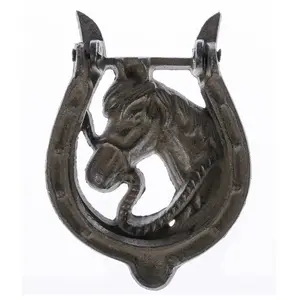 HOMESCAPES Heurtoir de porte marron en fonte style équestre   modèle cheval et fer à cheval
