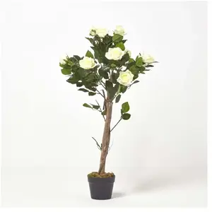 Comparateur de prix : HOMESCAPES Rosier Artificiel Blanc Fleuri en Pot 90 cm