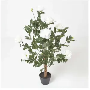 Homescapes - Arbre Pivoines artificielles Crème en pot noir, 100 cm