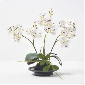 HOMESCAPES Orchidée artificielle blanche dans un bol en céramique noir 38 cm pas cher