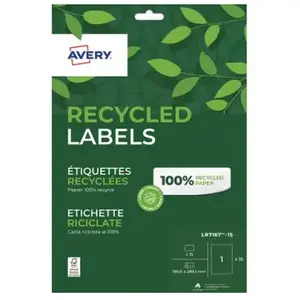 Comparateur de prix : AVERY - Pochette de 15 étiquettes 100% recyclées autocollantes. Personnalisables et imprimables. Format 199,6 x 289,1mm. Impression laser et jet d'encre. (LR7167-15)