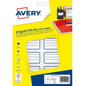 Comparateur de prix : Avery SCOL120 Etui de 120 Etiquettes scolaires lignées 36 x 56 mm A5 Bleu
