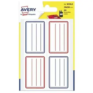 Comparateur de prix : Avery - Sachet de 24 Étiquettes Écolier lignées bleues/Rouges, Format 36 x 56 mm