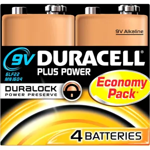Duracell Plus Pack de 4 pcs 9V Alkaline Batteries 6LR61 MN1604 pile jetable