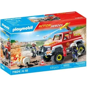 PLAYMOBIL 71824 Véhicule de pompiers avec bidon d'essence enflammé, Ac... pas cher
