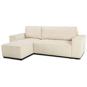 NO NAME Canapé d'angle convertible réversible - 4 places - JOSH - Tissu velours cotelé - Pearl - Coffre - 242 x 155 x 86 cm pas cher