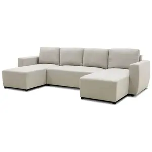 Comparateur de prix : CASAPY Canapé d'angle convertible panoramique PHARELL 5/6 places - Tissu beige - Coffre de rangement - L297 x P155 x H85 cm