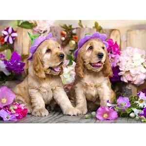 Puzzle 1000 pièces Enjoy - Chiots épagneuls avec chapeaux de fleurs pas cher