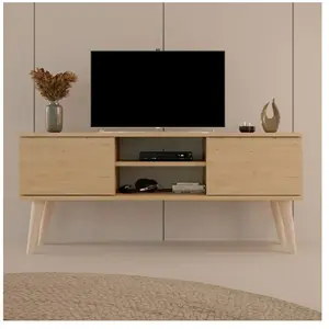 Mes Meuble TV Toronto - Chêne - 120 cm - 2 portes - 2 étagères - Pieds en hêtre massif pas cher