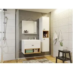 LOUNGITUDE Ensemble de salle de bain Providence J100, Blanc + Chêne Ar...