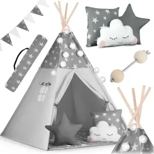 Tente tipi pour enfant avec guirlande et lumières Nukido - gris avec étoilesVendu parcdiscount