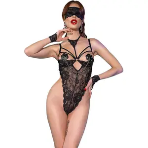 Lingerie Body Dentelle Ouvert avec Masque et Gants CHILIROSE - S/M pas cher
