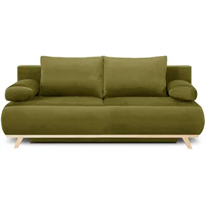 HOMIFAB Canapé convertible 3 places avec coffre de rangement en velours vert olive - Laria