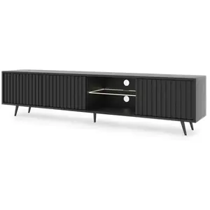 Comparateur de prix : SELSEY Meuble TV - BELLO - 175 cm noir, façades à lamelles et pieds noirs