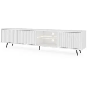 SELSEY Meuble TV - BELLO - 175 cm blanc, façades à lamelles et pieds noirs