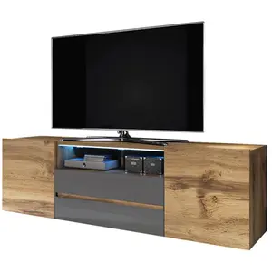Selsey Meuble TV / Meuble de salon - BROS - 140 cm - chêne wotan / gris brillant - avec LED - 2 niches ouvertes - 4 compartiments fermés
