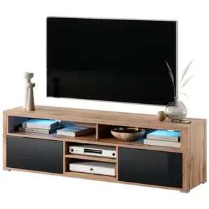 Selsey Meuble TV / Meuble de salon - MARIO - 140 cm - chêne wotan / noir brillant - avec LED - 4 niches ouvertes - 2 compartiments fermés