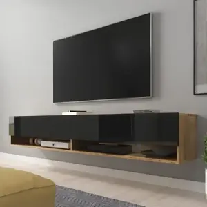 SELSEY Meuble TV / Meuble de salon - WANDER - 180 cm - sans LED - chêne wotan / noir brillant - design moderne pas cher