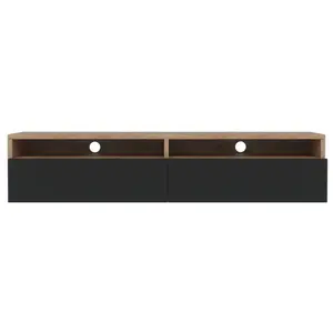 SELSEY Meuble TV - REDNAW - 140 cm - chêne wotan / noir brillant - 2 niches ouvertes - style moderne pas cher