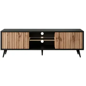 SELSEY Meuble TV - BELLO - avec LED - 135 cm -noir -chêne lamellas pas cher