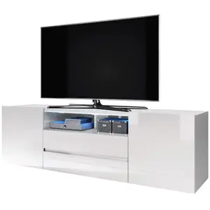 Selsey Meuble tv / meuble de salon - BROS - 140 cm - blanc mat / blanc brillant - avec led