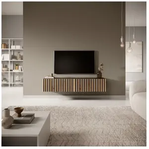 SELSEY Meuble TV - TELIRE - Meuble TV 140 cm noir avec façade artisanale chêne fraisé pas cher