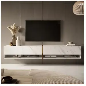 SELSEY Meuble TV - MIRRGO - 200 cm - marbre blanc avec insert d'or pas cher