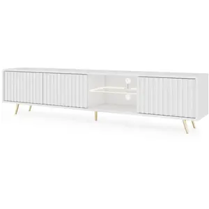 Selsey Meuble TV - BELLO - LED 175 cm - blanc - façades à lamelles - pieds dorés pas cher