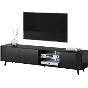 Selsey Meuble TV Galhad - 175 cm - Noir mat/brillant - Grande capacité de rangement - Éclairage LED