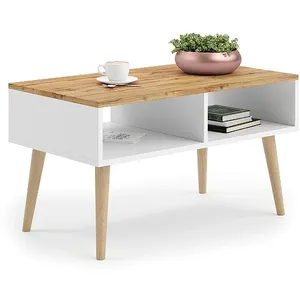 KOBI Table basse scandinave blanche - chêne de wotan avec pieds en bois L 90 x P 50 x H 55 cm SANDI pas cher
