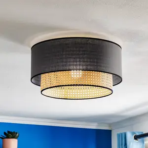 Duolla Plafonnier Boho, rotin, tissu, noir/beige pas cher