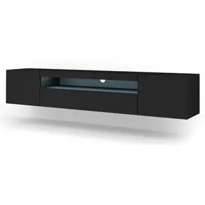 Comparateur de prix : BIM Furniture Meuble TV bas universel AURA 200 cm à suspendre ou à poser sous meuble TV - Buffet hi-fi - Noir mat avec LED bleu