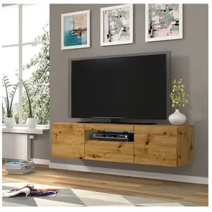 PETITS MEUBLES Meuble TV bas universel Aura 150 cm Buffet HI-FI à suspendre ou à poser chêne artisan avec LED pas cher