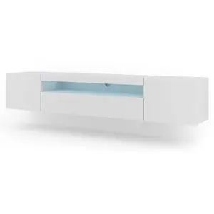 PETITS MEUBLES Meuble TV bas universel Aura 200 cm à suspendre ou à poser blanc mat avec LED