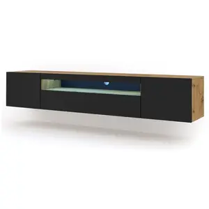 BIM Furniture Meuble TV bas universel Aura 200 cm à suspendre ou à poser chêne artisan noir mat avec LED pas cher