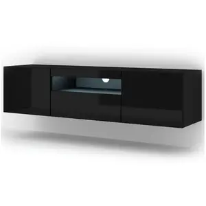 Meuble tv aura 150 cm suspendu ou debout noir mat / noir brillant + le... pas cher