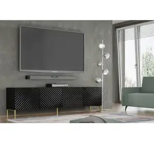 AC-DÉCO Meuble Tv À 4 Portes Avec Cadre Doré "Surf" - Noir Brillant- L 200 Cm pas cher