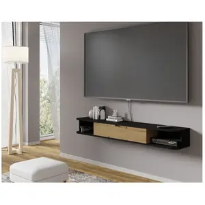 AC-DÉCO Bim forniture icarus meuble tv de salon 156x29x20 cm noir mat et chêne pas cher