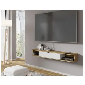AC-DÉCO Bim forniture icarus meuble tv de salon 156x29x20 cm chêne blanc mat pas cher