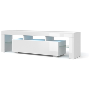 Meuble tv 160 cm blanc mat (corps) blanc brillant (façades) + led pas cher