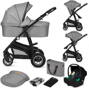 LIONELO Bianka - Poussette combinée 3en1 - Jusqu'à 22Kg - Pack poussette, nacelle, siège auto, sac et accessoires - Gris